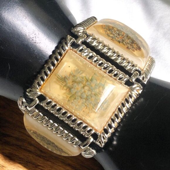 Wide Yellow Lucite Floral Panel Bracelet - Picture 8 of 9